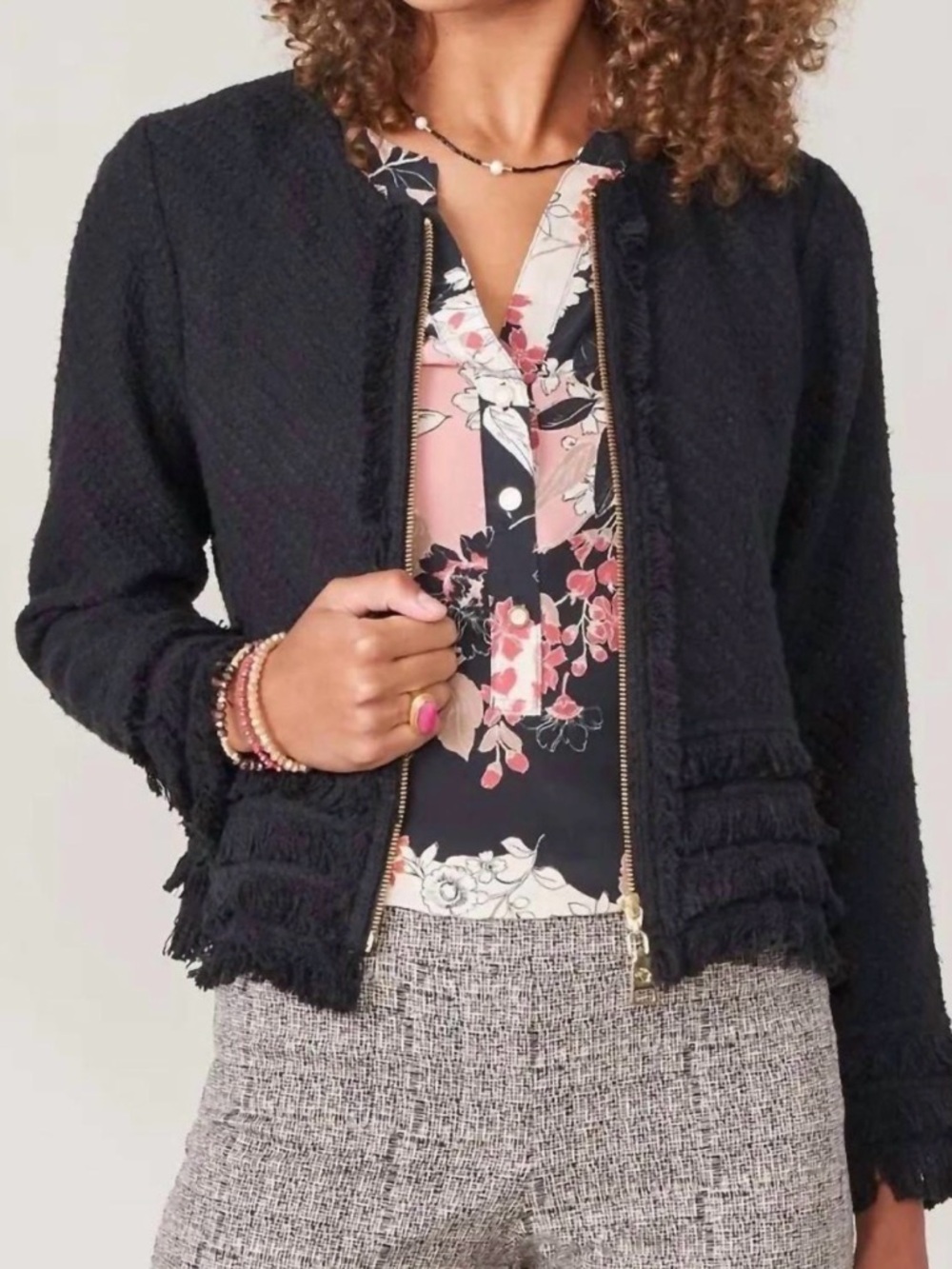 Spartina 449 Harper Cotton Tweed Black Charcoal Gray Jacket Blazer XL Fringe